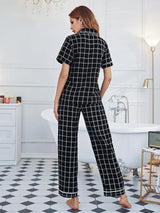 Plaid Top Short Sleeve Trousers Pajamas Suit