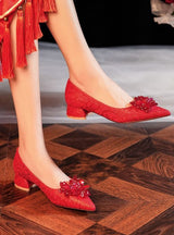 Short-heeled Pointed Red Wedding Shoes