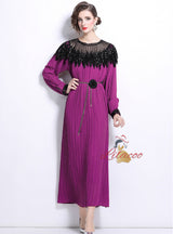 Heavy Industry Beaded Lantern Sleeve Pleated Dress