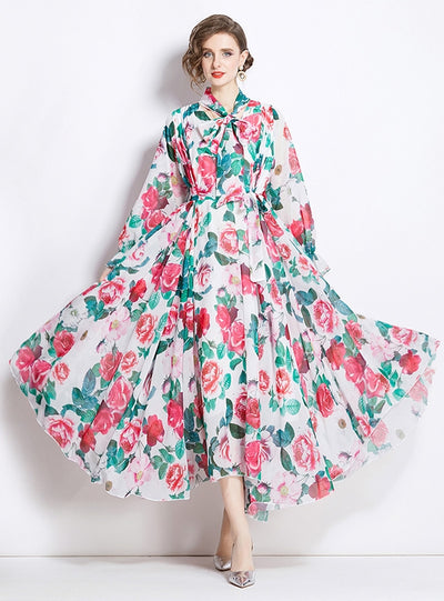 Retro Chiffon Printed Long Sleeve Slim Dress