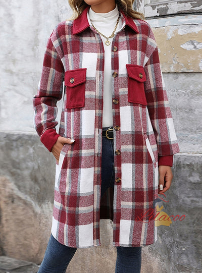 Women Long Sleeve Plaid Shirt Coat