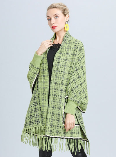 Plaid Loose Mink Bat Sleeve Fringed Shawl