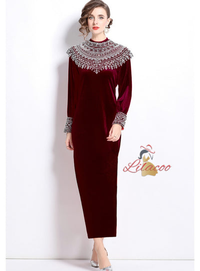 Long Sleeve Velvet Sequins Party Dress