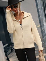 High Neck Solid Color Zipper Sweater Coat