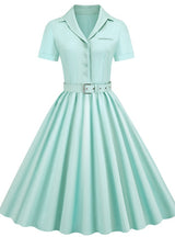 Retro Solid Color Belt Button Dress