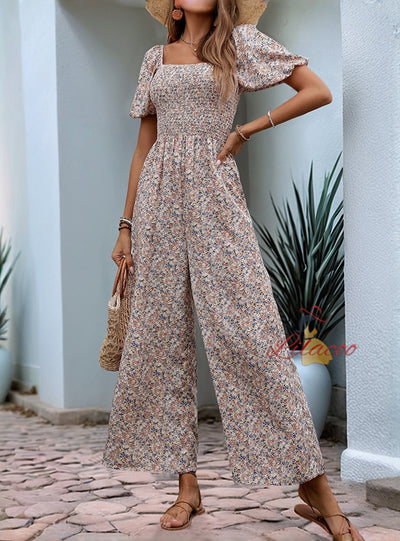 Square Collar Puff Sleeve Floral Jumpsuit