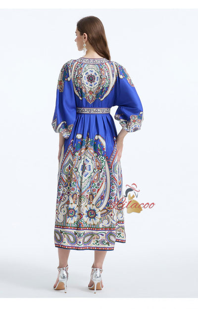 V-neck Lantern Sleeve Retro Long-sleeved Dress