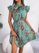 Women Print Flower Lace-up Pleated Dress