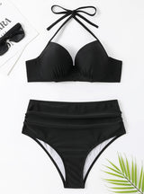 Solid Color High Waist Steel Plate Gathered Swimsuit