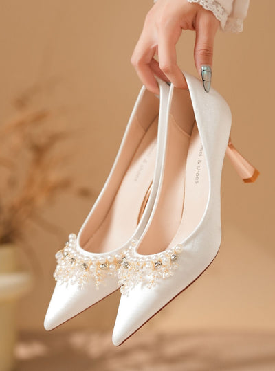 Pearl Rhinestone White High Heels Wedding Shoes