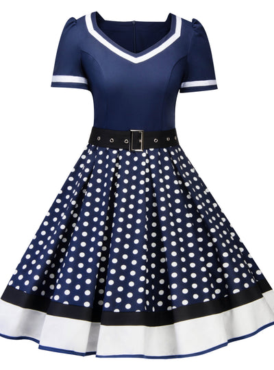 Retro Short Sleeve Wave Point Dress