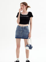 Square Collar Letter Slim Short Sleeve T-shirt