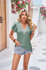 V-neck Lace Stitching Short Sleeve Loose T-shirt