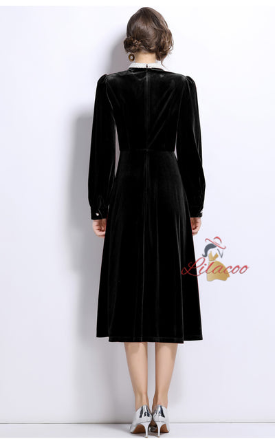 Retro Long Sleeve V-neck Velvet Dress