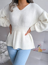 Lantern Sleeve Ruffled Knitted Sweater