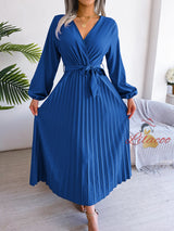 Cross V-neck Pleated Long Sleeve Dress