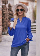 Solid Color Hole V-neck Long Sleeve Shirt