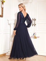 Navy Blue Chiffon Long Sleeve Prom Dress