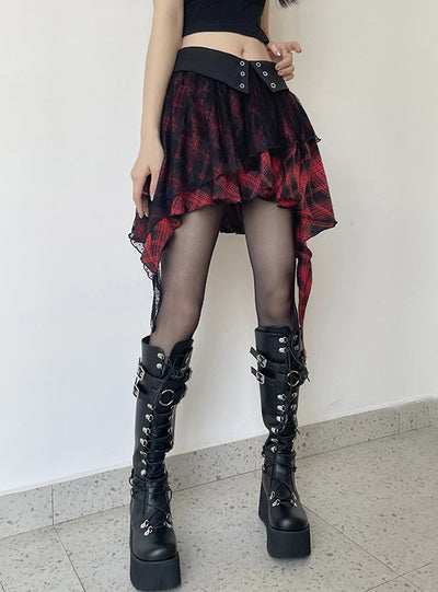 Waist-turned Plaid Irregular Slim Skirt