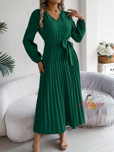 V-neck Button Big Swing Pleated Long Dress