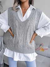 Hollow Twist V-neck Knitted Vest Sweater