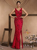 Red Mermaid Sequins V-neck Prom Dress