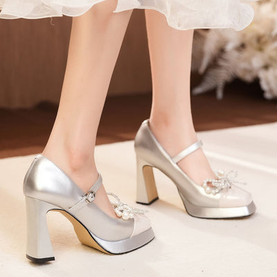 Diamond Bow Thick Heels Shoes