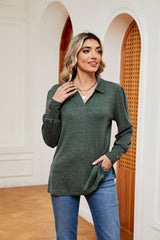 Lapel Long Sleeve Button Loose T-shirt