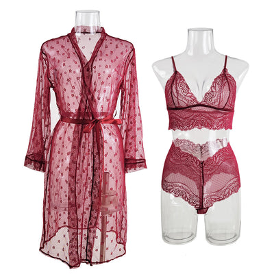 Sexy Mesh Perspective Pajamas Three-piece Set