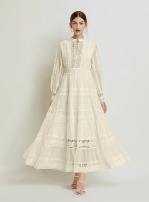 Retro Lace Stitching V-neck Lantern Sleeve Dress