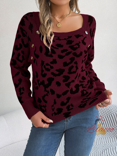 Square Collar Button Leopard Long Sleeve Sweater