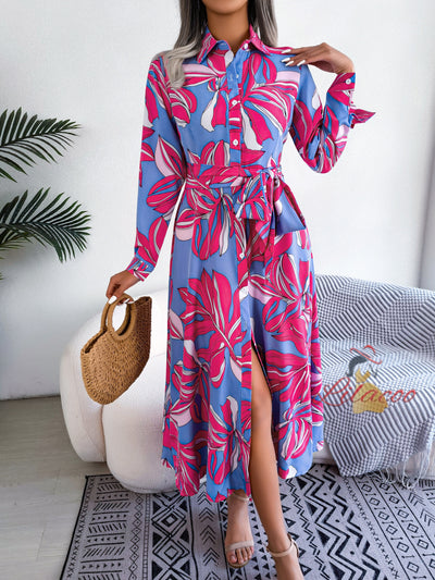 Flower Lapel Lace-up Shirt Long Dress