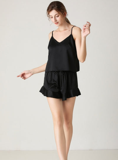 Silk-like V-neck Suspender Shorts Two-piece Suit