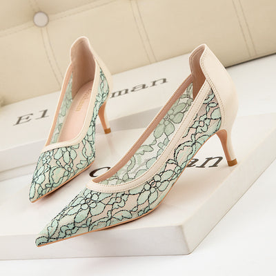 Pointed Mesh Lace High Heels Shoes