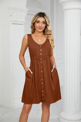 Solid Color Button Pocket Round Neck Dress