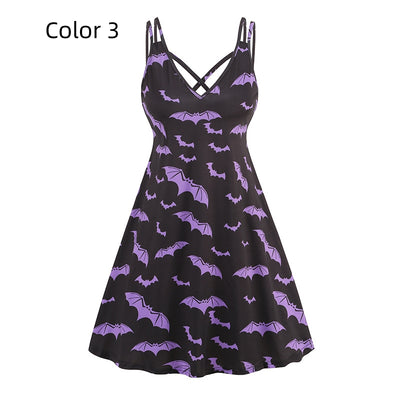 V-neck Suspender Halloween Printed Dress