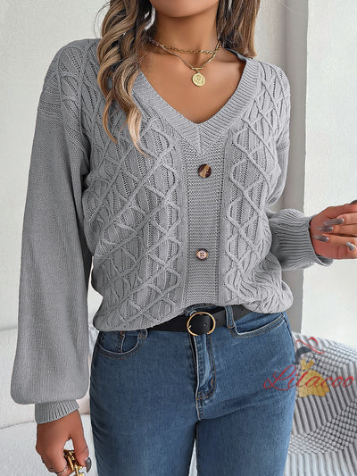 Casual Button Twist Lantern Sleeve Sweater