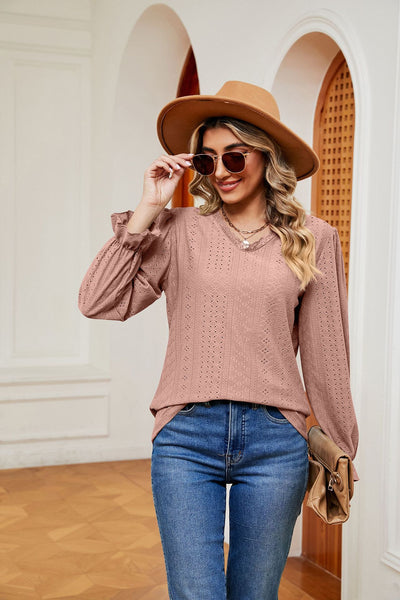 Lace V-neck Loose Long Sleeve T-shirt