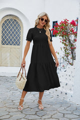 Solid Color Round Neck Short Sleeve Dress