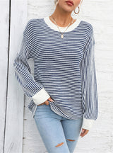 Colour Matching Round Neck Striped Pullover Sweater