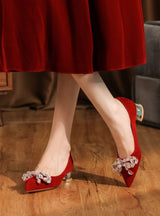 Thick Suede Bow Rhinestone Red Banquet Wedding Shoes