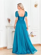 Blue Tulle Straps Pleats Prom Dress