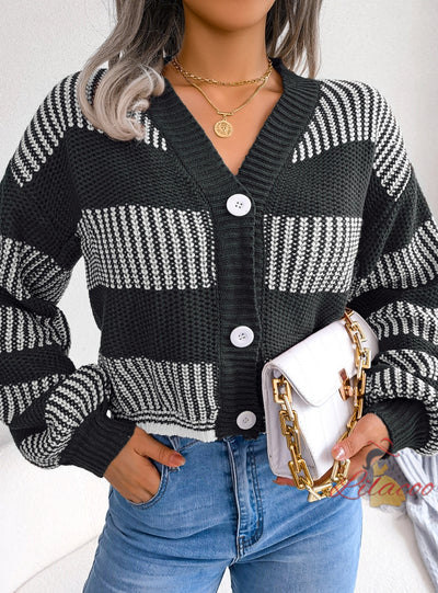 Contrasting Striped Lantern Sleeve Cardigan Sweater Coat