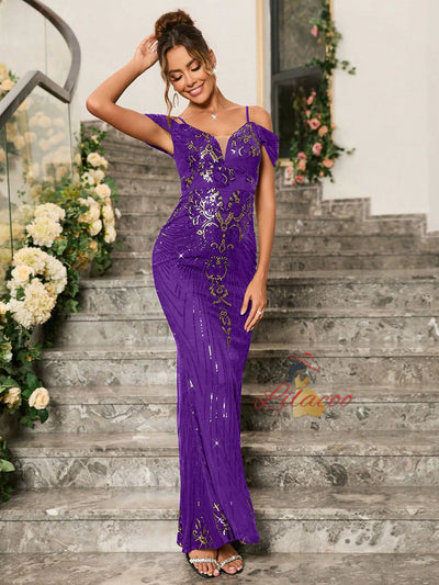 Purple Mermaid Sequins Straps Party Dress