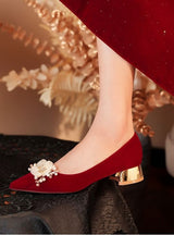 Short Heel Suede Pointed Red Wedding Shoes