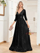 Long Sleeve Sequins V-neck Prom Dress