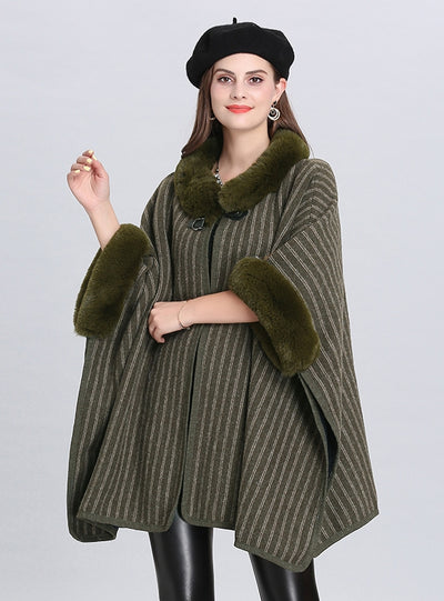 Wool Collar Striped Knit Cloak Shawl