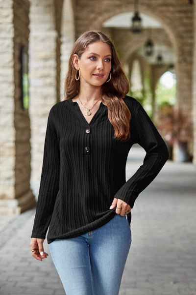 Casual V-neck Button Knitted Twist Long Sleeve T-shirt