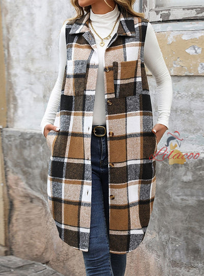 Sleeveless Lapel Jacket Long Plaid Vest