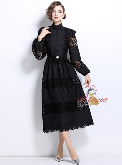 Slim-fit Stitching Lace Dress with Pearl Belt